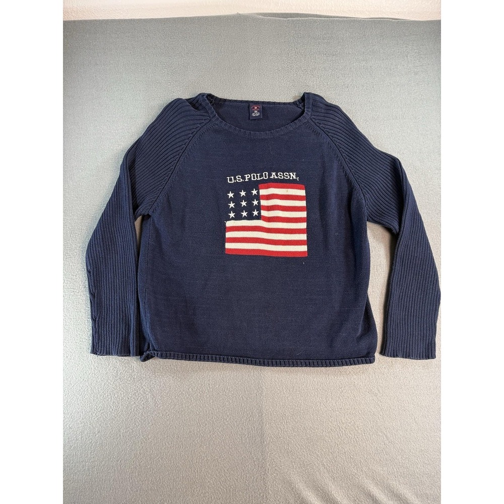 U.S. Polo Assn. Sweater Womens 3X Blue Flag USA Knit Crew Neck Cotton Pullover